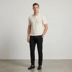 Textured V-Neck Polo - Pastel Parchment