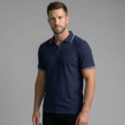 Ribbed V-Neck Polo Navy with White Contrast Tipping