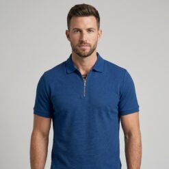 Textured Zip Polo - Navy