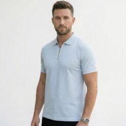 Textured Zip Polo- Ice Water