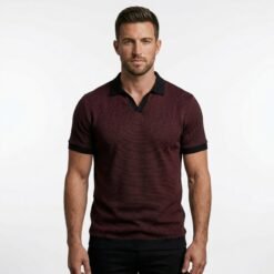 Textured V-Neck Polo Maroon with Contrast Black Trim