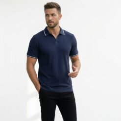 Alternative view of Ribbed V-Neck Polo Navy with White Contrast Tipping
