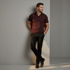 Alternative view of Textured V-Neck Polo Maroon with Contrast Black Trim