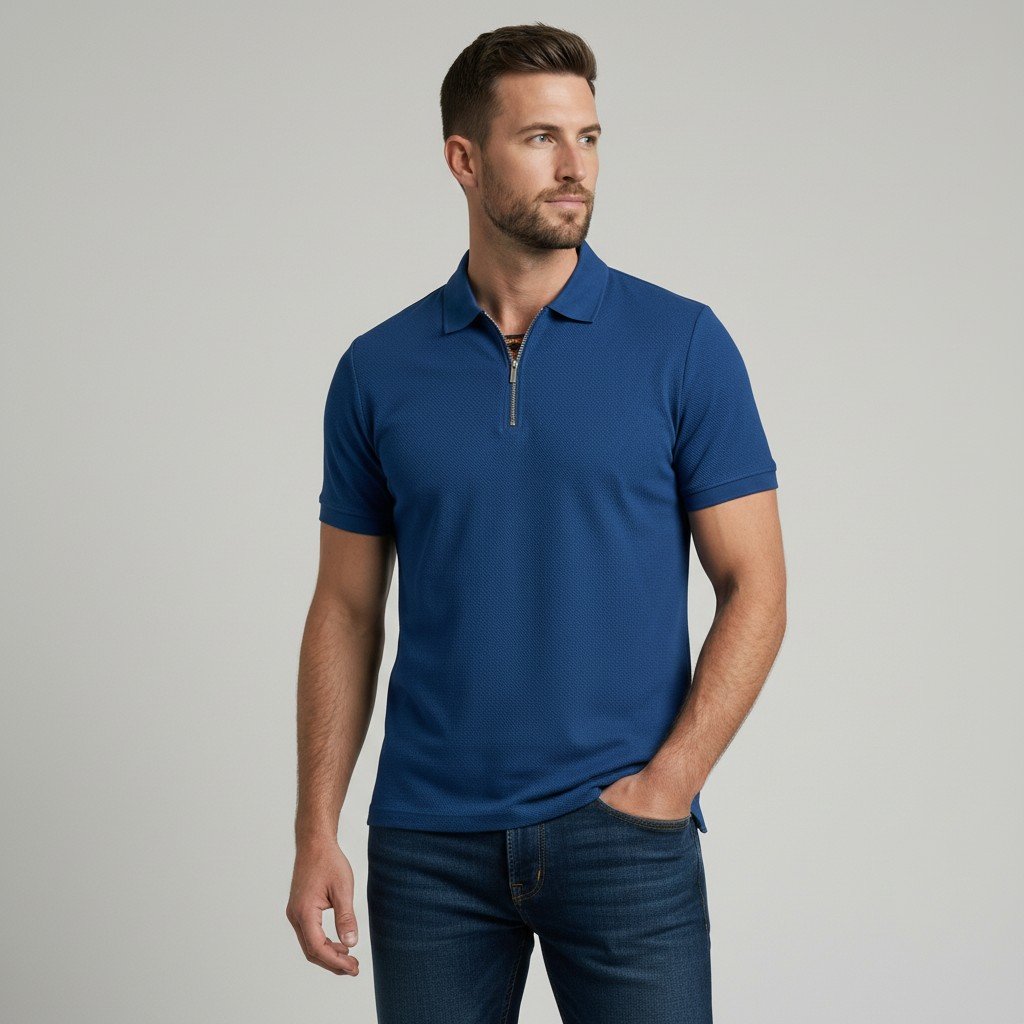Textured Zip Polo - Navy - Image 2