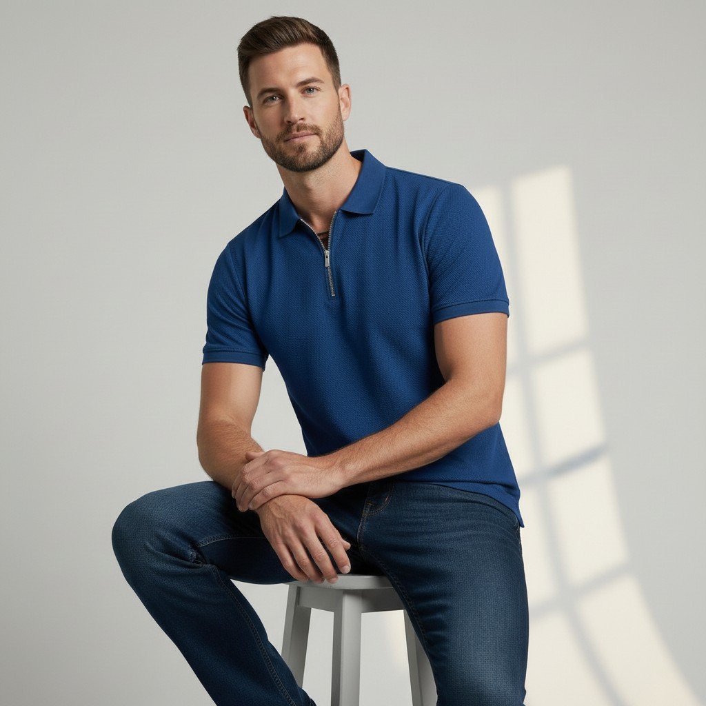 Textured Zip Polo - Navy - Image 4