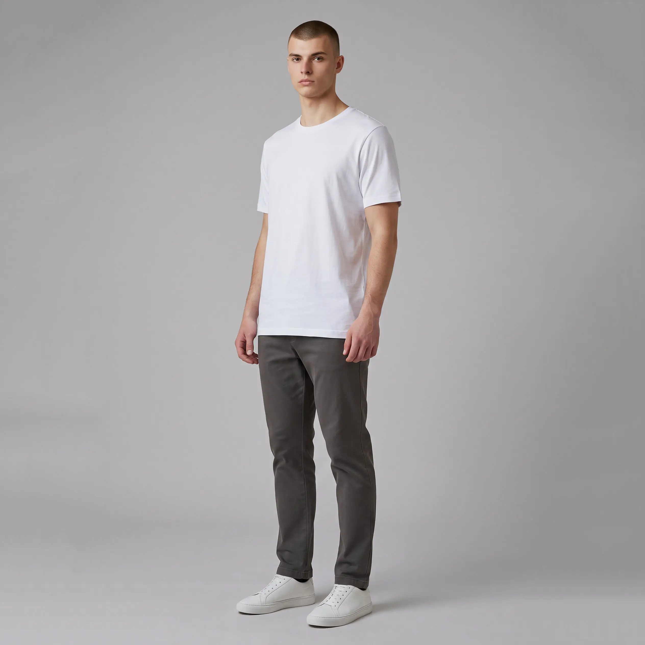 Man standing wearing a plain white t-shirt, dark gray trousers, and white sneakers against a gray background