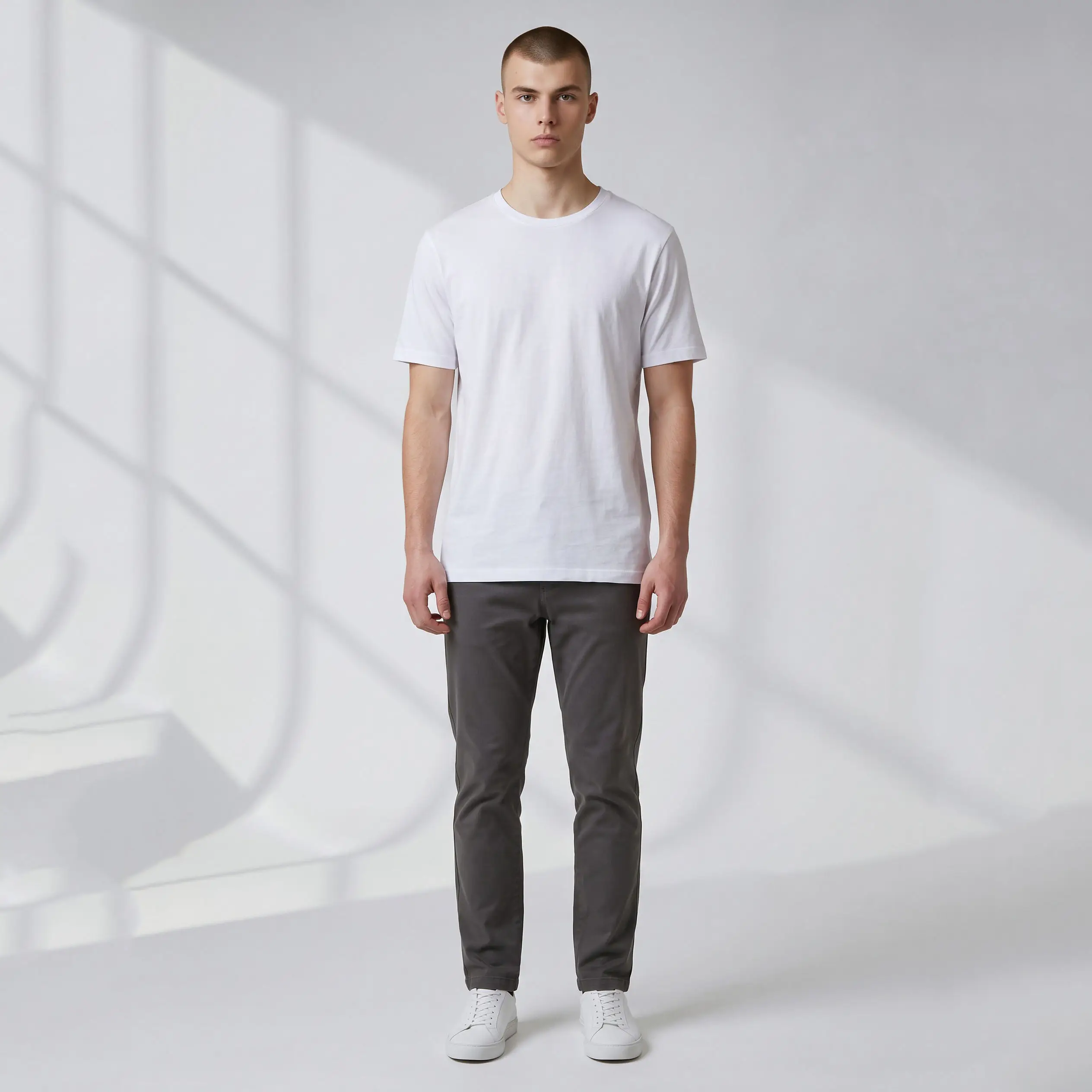 YR BW (4) Model wearing a plain white crewneck t-shirt, dark gray pants, and white sneakers
