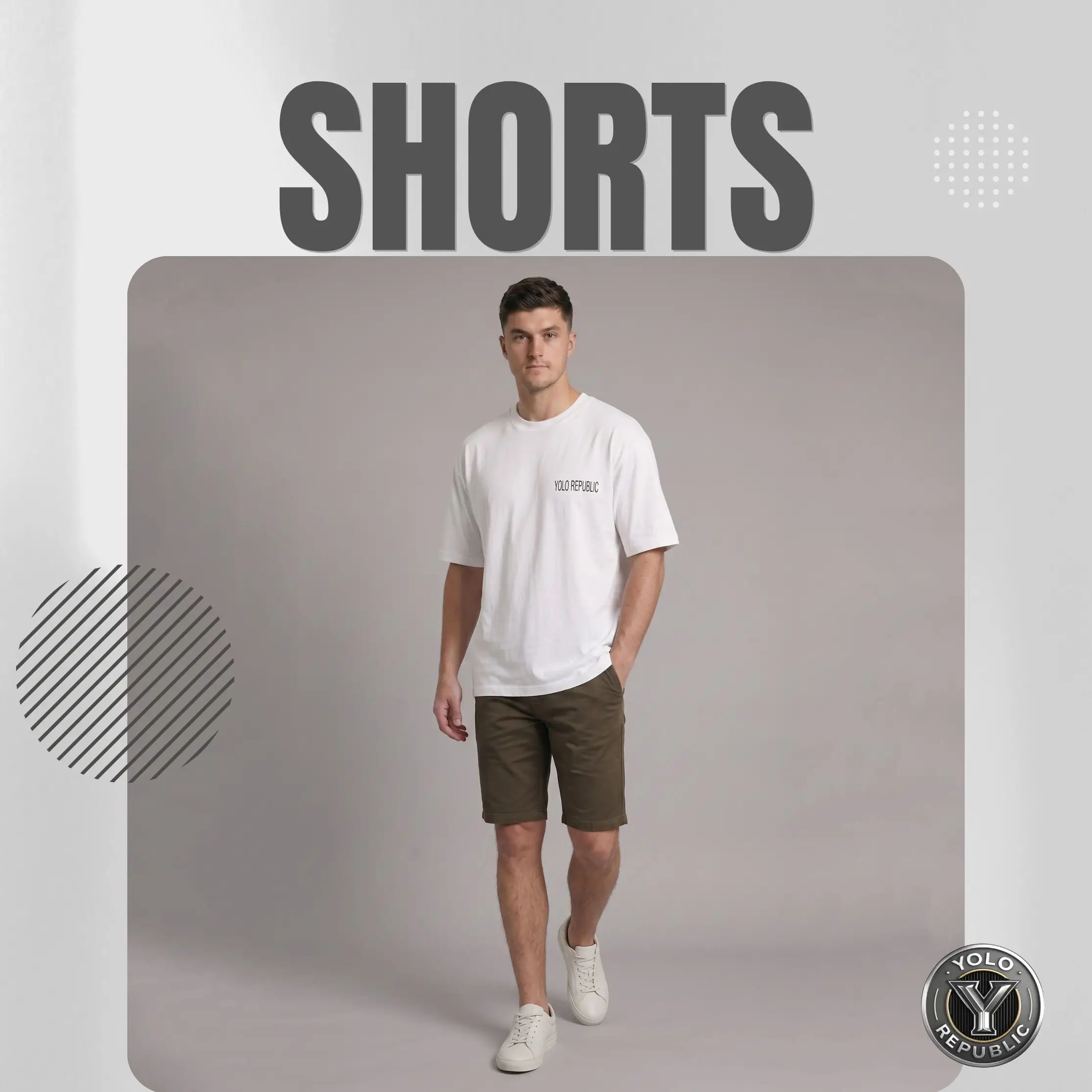 Man wearing olive green shorts and a white t-shirt under the word SHORTS by YOLO REPUBLIC