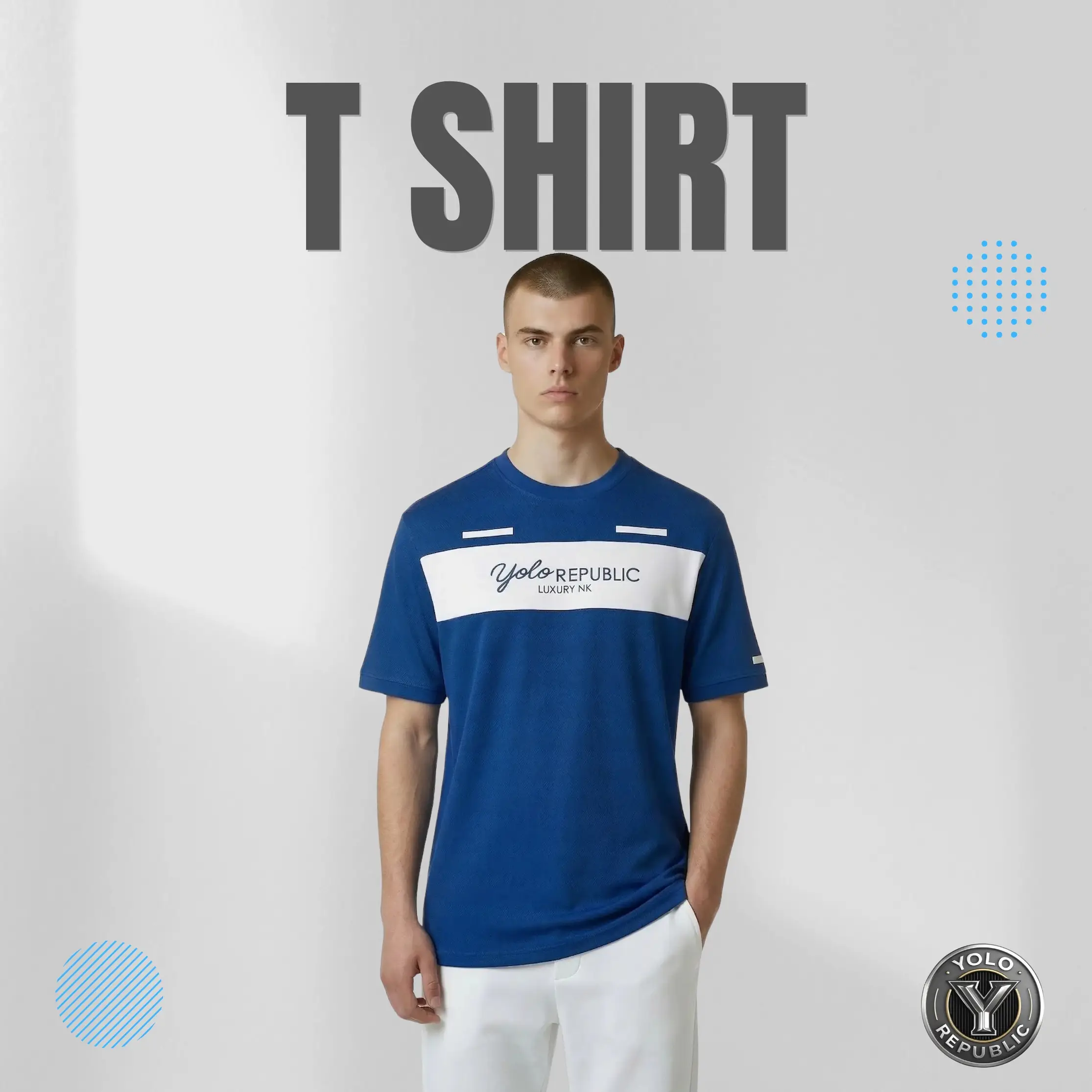Man wearing a blue t-shirt with a white chest stripe reading Yolo Republic