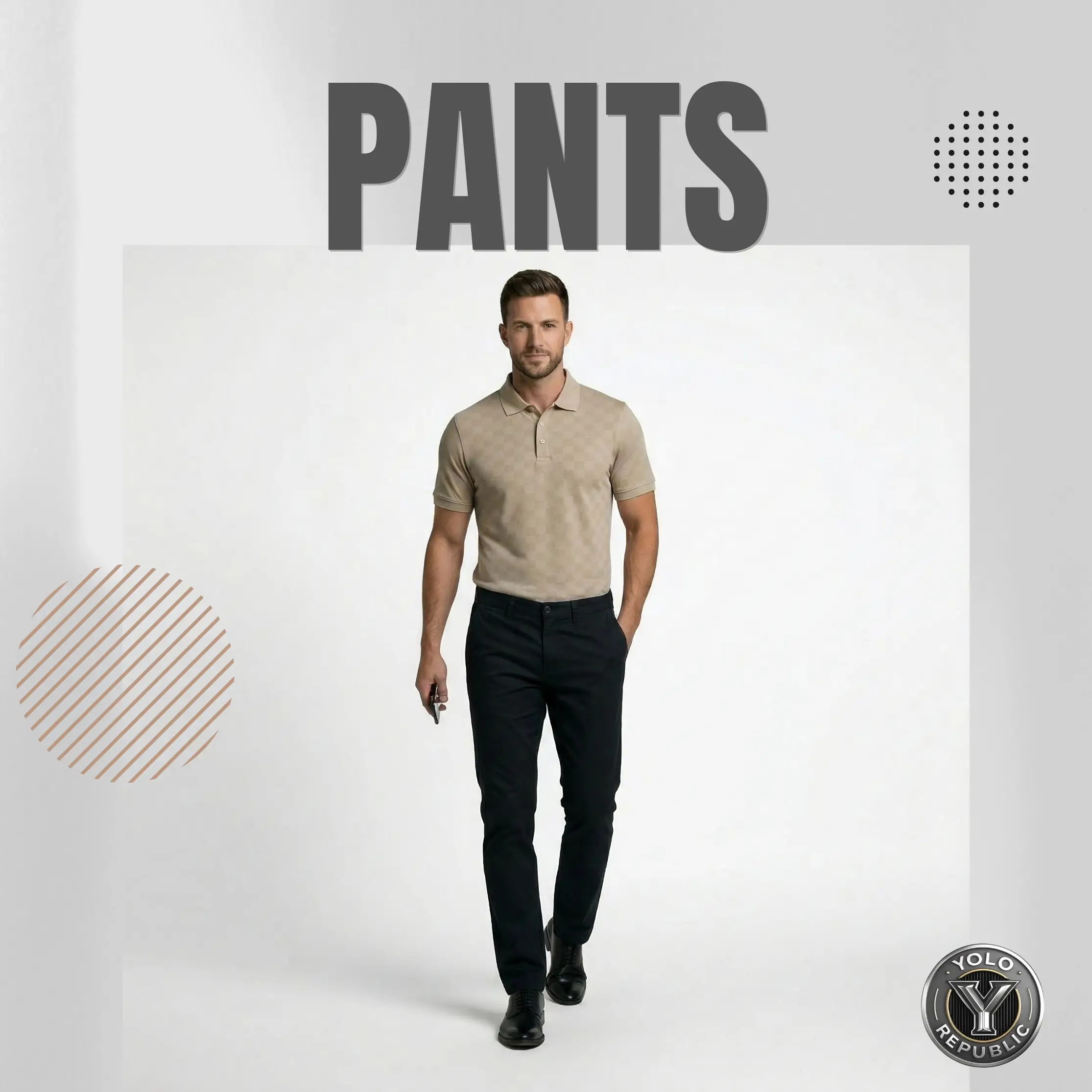 Man wearing a beige polo shirt and black trousers with text reading PANTS