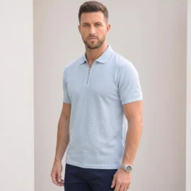 Ice blue textured zip polo side profile 1