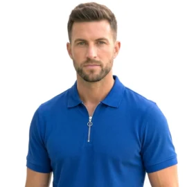 Mens navy zip polo shirt fabric details