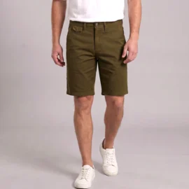 Mens stretch chino shorts olive green front view